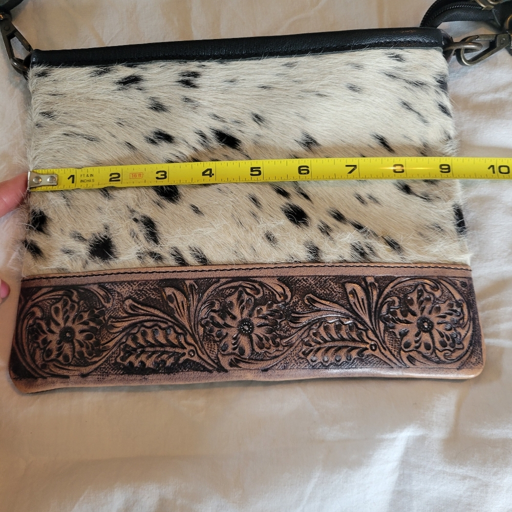Merbaa Cowhide Hairon & Tooled Leather Crossbody Black Purse - Picture 6 of 7